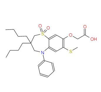 2-([[3,3-二丁基-7-(甲硫基)-1,1-二氧化物-5-苯基-2,3,4,5-四氢苯并[b] [1,4]噻唑啉-8-基]]氧基 )乙酸,2-((3,3-dibutyl-7-(methylthio)-1,1-dioxido-5-phenyl-2,3,4,5-tetrahydrobenzo[b][1,4]thiazepin-8-yl)oxy)acetic acid