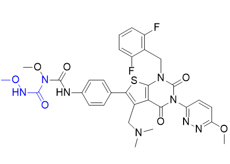 瑞卢戈利杂质09,3-(4-(1-(2,6-difluorobenzyl)-5-((dimethylamino)methyl)-3-(6- methoxypyridazin-3-yl)-2,4-dioxo-1,2,3,4-tetrahydrothieno[2,3-d] pyrimidin-6-yl)phenyl)-1-methoxy-1-(methoxycarbamoyl)urea