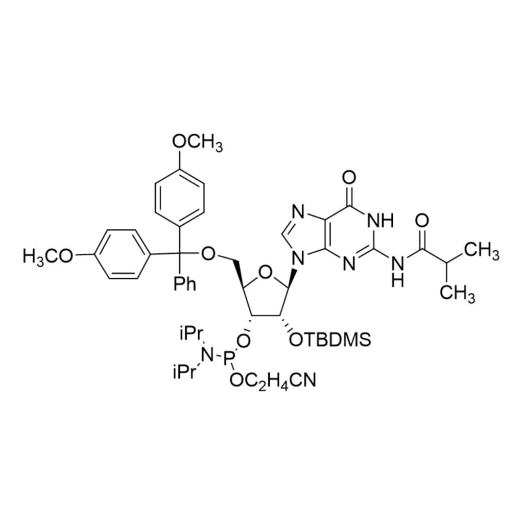 Guanosine, 5'-O-[bis(4-methoxyphenyl)phenylmethyl]-2'-O-[(1,1-dimethylethyl)dimethylsilyl]-N-(2-methyl-1-oxopropyl)-, 3'-[2-cyanoethyl bis(1-methylethyl)phospho,Guanosine, 5'-O-[bis(4-methoxyphenyl)phenylmethyl]-2'-O-[(1,1-dimethylethyl)dimethylsilyl]-N-(2-methyl-1-oxopropyl)-, 3'-[2-cyanoethyl bis(1-methylethyl)phosphoramidite], (R)- (9CI)