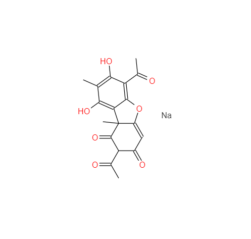松萝酸钠,2,6-Diacetyl-7,9-dihydroxy-8,9b-dimethyldibenzofuran-1,3(2H,9bH)-dione monosodium salt