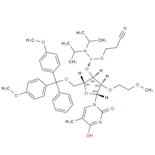 5-甲基-DMT-2'-甲氧基尿苷,(2R,3R,4R,5R)-2-((BIS(4-METHOXYPHENYL)(PHENYL)METHOXY)METHYL)-4-(2-METHOXYETHOXY)-5-(5-METHYL-2,4-DIOXO-3,4-DIHYDROPYRIMIDIN-1(2H)-YL)TETRAHYDROFURAN-3-YL 2-CYANOETHYL DIISOPROPYLPHOSPHORAMIDITE