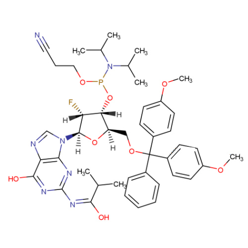 5'-O-[二(4-甲氧基苯基)苯基甲基]-2'-脱氧-2'-氟-N-(2-甲基-1-氧代丙基)鸟苷 3'-[2-氰基乙基 N,N-二异丙基氨基亚磷酸酯],5'-O-[Bis(4-methoxyphenyl)phenylmethyl]-2'-deoxy-2'-fluoro-N-(2-methyl-1-oxopropyl)guanosine 3'-[2-cyanoethyl N,N-bis(1-methylethyl)phosphoramidite]