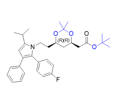 阿托伐他汀钙杂质81,tert-butyl 2-((4R,6R)-6-(2-(2-(4-fluorophenyl)-5-isopropyl-3-phenyl-1H-pyrrol-1-yl)ethyl)-2,2-dimethyl-1,3-dioxan-4-yl)acetate