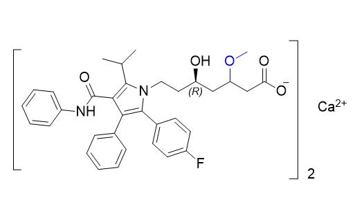 阿托伐他汀鈣雜質(zhì)G,(5R)-7-(2-(4-fluorophenyl)-5-isopropyl-3-phenyl-4-(phenylcarbamoyl)-1H-pyrrol-1-yl)-5-hydroxy-3-methoxyheptanoic acid calcium(II)