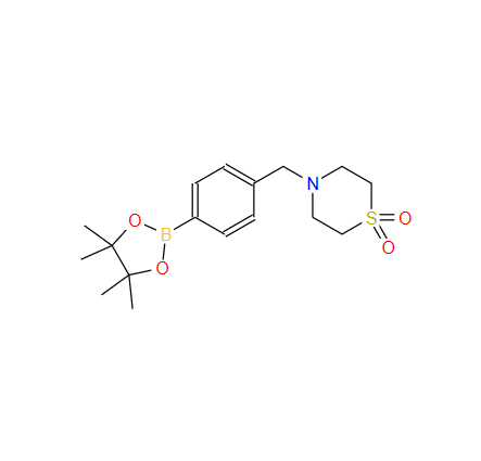 4-((1,1-二氧代硫代吗啡林)甲基苯硼酸频哪醇酯,4-[4-(4,4,5,5-tetramethyl[1,3,2]dioxaborolan-2-yl)benzyl]thiomorpholine 1,1-dioxide