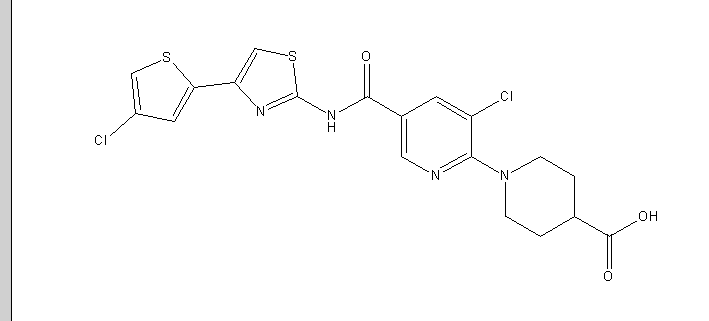 1-(3-氯-5-((4-(4-氯噻吩-2-基)噻唑-2-基)氨甲酰)吡啶-2-基)哌啶-4-羧酸,1-(3-Chloro-5-((4-(4-chlorothiophen-2-yl)thiazol-2-yl)carbamoyl)pyridin-2-yl)piperidine-4-carboxylic acid