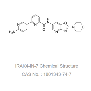 CA-4948是一种选择性和有效的白介素 1 受体相关激酶 4 (IRAK4) 抑制剂,可用作具有失调的TLR/MYD88/IRAK4信号传导的血液癌症的治疗剂及炎症疾病的研究。