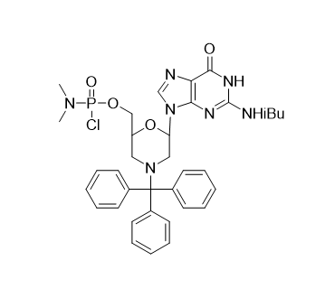 PMO-G,(6-(2-(isobutylamino)-6-oxo-1,6-dihydro-9H-purin-9-yl)-4-tritylmorpholin-2-yl)methyl dimethylphosphoramidochloridate