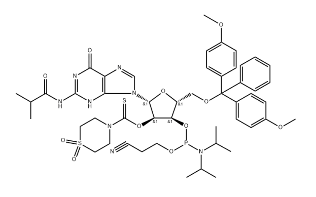 DMT-2'O-TC-rG(ib) Phosphoramidite configured for ABI,N2-Isobutyryl-O5′-(4,4′-dimethoxytrityl)-O2′-(1,1-dioxothiomorpholine-4-thiocarbonyl)guanosine O3′-(O-(2-cyanoethyl)-N,N-diisopropylphosphoramidite)
