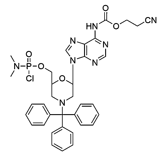 Morpholino A(Ceoc) subunit,2-cyanoethyl (9-(6-(((chloro(dimethylamino)phosphoryl)oxy)methyl)-4-tritylmorpholin-2-yl)-9H-purin-6-yl)carbamate