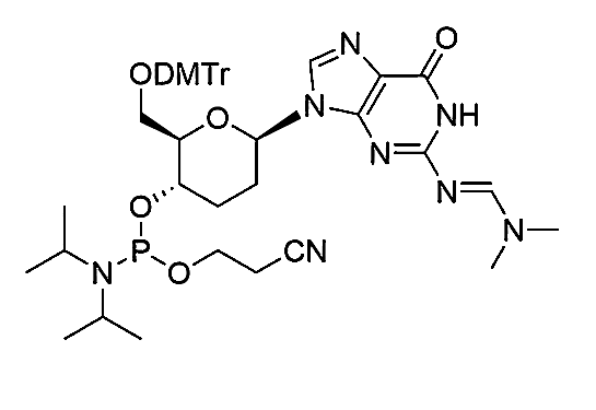 Beta-D-homoDNA-G(dmf) Phosphoramidite,N2-dimethylformamidine-6'-O-(4,4'-dimethoxytrityl)-9-(2',3'-dideoxy-β-D-glucopyranosyl)guanine-4'-[(2-cyanoethyl)-(N, N-diisopropropyl)]-Phosphoramidite