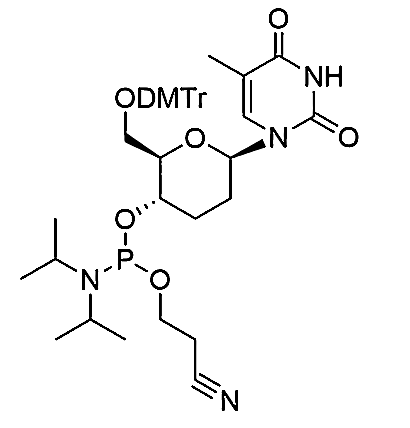 Beta-D-homoDNA-T Phosphoramidite,(2R, 3S, 6R)-2-((bis(4-methoxyphenyl)(phenyl)methoxy)methyl)-6-(5-methyl-2, 4-dioxo-3, 4-dihydropyrimidin-1(2H)-yl)tetrahydro-2H-pyran-3-yl (2-cyanoethyl) diisopropylphosphoramidite