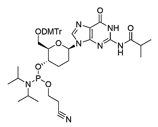Beta-D-homoDNA-G(iBu) Phosphoramidite,2-cyanoethyl ((2R, 3S, 6R)-2-(((4-hydroxyphenyl)(4-methoxyphenyl)(phenyl)methoxy)methyl)-6-(2-isobutyramido-6-oxo-1, 6-dihydro-9H-purin-9-yl)tetrahydro-2H-pyran-3-yl) diisopropylphosphoramidite