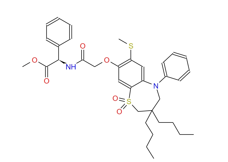 Benzeneacetic acid, α-[[2-[[3,3-dibutyl-2,3,4,5-tetrahydro-7-(methylthio)-1,1-dioxido-5-phenyl-1,5-benzothiazepin-8-yl]oxy]acetyl]amino]-, methyl ester, (αR)-,Benzeneacetic acid, α-[[2-[[3,3-dibutyl-2,3,4,5-tetrahydro-7-(methylthio)-1,1-dioxido-5-phenyl-1,5-benzothiazepin-8-yl]oxy]acetyl]amino]-, methyl ester, (αR)-