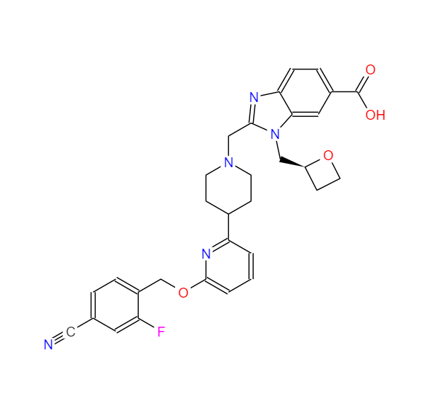 (S)-2-((4-(6-((4-cyano-2-fluorobenzyl)oxy)pyridin-2-yl)piperidin-1-yl)methyl)-1-(oxetan-2-ylmethyl)-1H-benzo[d]imidazole-6-carboxylic acid,(S)-2-((4-(6-((4-cyano-2-fluorobenzyl)oxy)pyridin-2-yl)piperidin-1-yl)methyl)-1-(oxetan-2-ylmethyl)-1H-benzo[d]imidazole-6-carboxylic acid