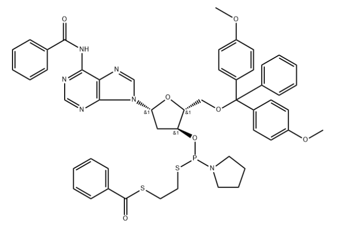 Adenosine, N-benzoyl-5'-O-[bis(4-methoxyphenyl)phenylmethyl]-2'-deoxy-, 3'-[S-[2-(benzoylthio)ethyl] P-1-pyrrolidinylphosphonothioite],Adenosine, N-benzoyl-5'-O-[bis(4-methoxyphenyl)phenylmethyl]-2'-deoxy-, 3'-[S-[2-(benzoylthio)ethyl] P-1-pyrrolidinylphosphonothioite]
