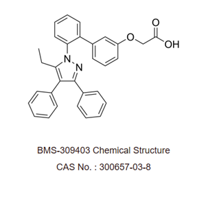 BMS-309403 是一种有效的选择性脂肪细胞脂肪酸结合蛋白 aFABP，也称作 FABP4 或 aP2，抑制剂