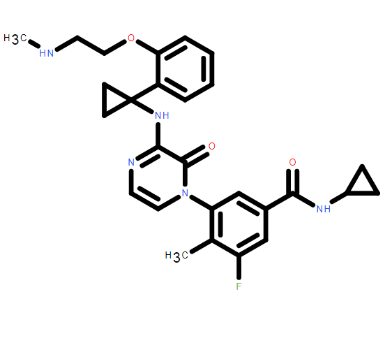 N-Cyclopropyl-3-fluoro-4-methyl-5-(3-((1-(2-(2-(methylamino)ethoxy)phenyl)cyclopropyl)amino)-2-oxopyrazin-1(2H)-yl)benzamide,N-Cyclopropyl-3-fluoro-4-methyl-5-(3-((1-(2-(2-(methylamino)ethoxy)phenyl)cyclopropyl)amino)-2-oxopyrazin-1(2H)-yl)benzamide