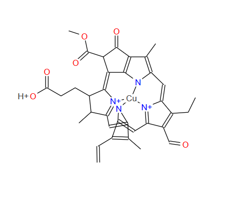 Hydrogen [3S-(3,4,21)]-[14-ethyl-13-formyl-21-(methoxycarbonyl)-4,8,18-trimethyl-20-oxo-9-vinylphorbine-3-propionato(3-)-N23,N24,N25,N26]cuprate(1-)