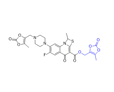 普盧利沙星雜質(zhì)02,(5-methyl-2-oxo-1,3-dioxol-4-yl)methyl 6-fluoro-1-methyl-7-(4-((5-methyl-2-oxo-1,3-dioxol-4-yl)methyl)piperazin-1-yl)-4-oxo-1H,4H-[1,3]thiazeto[3,2-a]quinoline-3-carboxylate