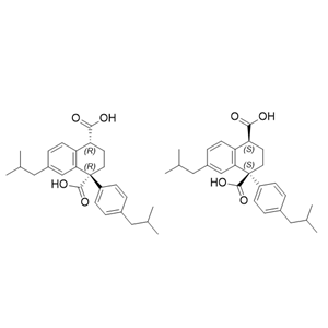 布洛芬杂质G,(1R,4R)-7-isobutyl-1-(4-isobutylphenyl)-1,2,3,4-tetrahydronaphthalene-1,4-dicarboxylic acid (1S,4S)-7-isobutyl-1-(4-isobutylphenyl)-1,2,3,4-tetrahydronaphthalene-1,4-dicarboxylic acid