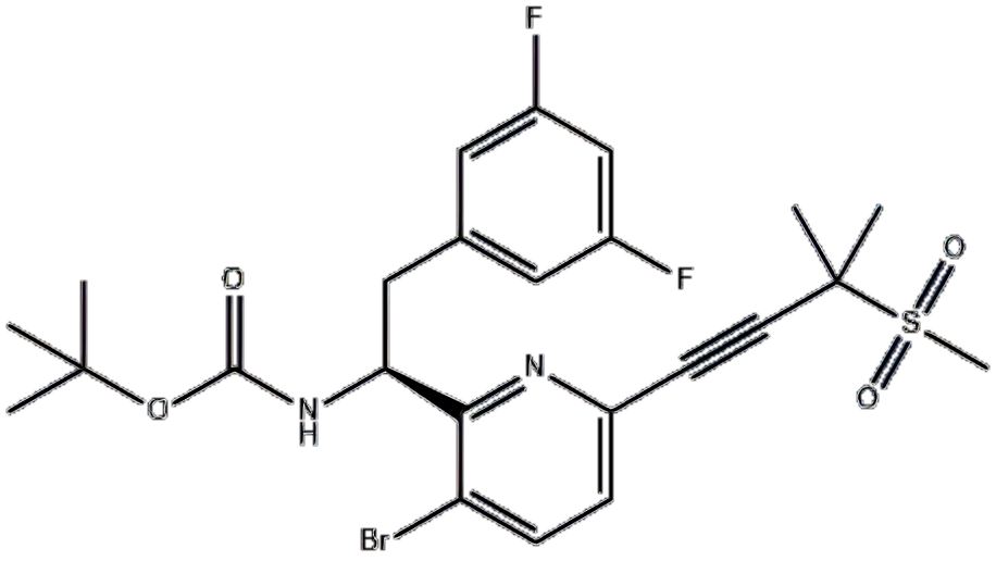 (S)-(1-(3-溴-6-(3-甲基-3-(甲基磺?；?丁-1-炔-1-基)吡啶-2-基)-2-(3,5-二氟苯基)乙基)氨基甲酸叔丁酯,(S)-tert-Butyl (1-(3-bromo-6-(3-methyl-3-(methylsulfonyl)but-1-yn-1-yl)pyridin-2-yl)-2-(3,5-difluorophenyl)ethyl)carbamate