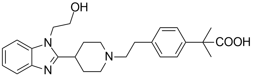 比拉斯汀杂质E；2-[4-（2-{4-[1-（2-羟乙基）-1H-苯并咪唑-2-基]-哌啶-1-基}-乙基）-苯基]-2-甲基丙酸,Bilastine Impurity D;Benzeneacetic acid, 4-[2-[4-[1-(2-hydroxyethyl)-1H-benzimidazol-2-yl]-1-piperidinyl]ethyl]-α,α-dimethyl-