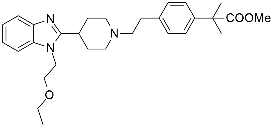 比拉斯汀甲酯杂质；2-[4-（2-{4-[1-（2-乙氧基乙基）-1H-苯并咪唑-2-基]-哌啶-1-基}-乙基）-苯基]-2-甲基丙酸甲酯,Methyl Bilastine;Benzeneacetic acid, 4-[2-[4-[1-(2-ethoxyethyl)-1H-benzimidazol-2-yl]-1-piperidinyl]ethyl]-α,α-dimethyl-, methyl ester