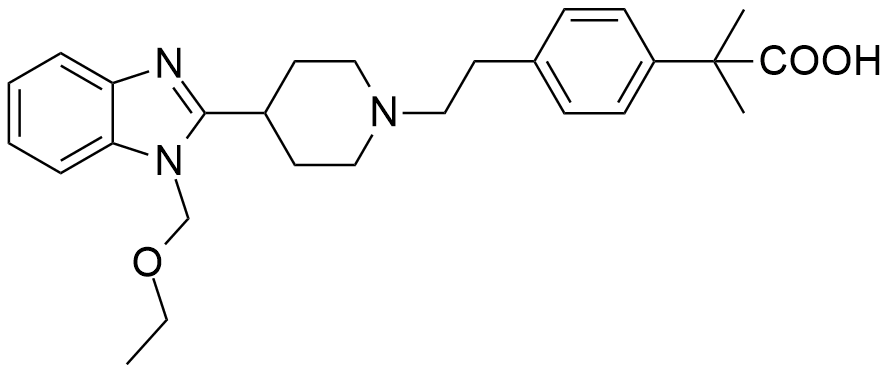 比拉斯汀二甲醚杂质G；2-[4-（2-{4-[1-（2-乙氧基甲基）-1H-苯并咪唑-2-基]-哌啶-1-基}-乙基）-苯基]-2-甲基丙酸,Bilastine Impurity G;2-(4-(2-(4-(1-(ethoxymethyl)-1H-benzo[d]imidazol-2-yl)piperidin-1-yl)ethyl)phenyl)-2-methylpropanoic acid