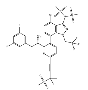 來納卡帕韋N-3,(Methanesulfonamide, N-[7-[2-[(1S)-1-amino-2-(3,5-difluorophenyl)ethyl]-6-[3-methyl-3-(methylsulfonyl)-1-butyn-1-yl]-3-pyridinyl]-4-chloro-1-(2,2,2-trifluoroethyl)-1H-indazol-3-yl]-N-(methylsulfonyl)-)