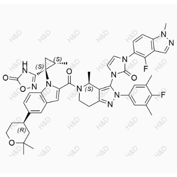 奧格列龍雜質(zhì)3,3-((1S,2S)-1-(5-((R)-2,2-dimethyltetrahydro-2H-pyran-4-yl)-2-((S)-3-(3-(4-fluoro-1-methyl-1H-indazol-5-yl)-2-oxo-2,3-dihydro-1H-imidazol-1-yl)-2-(4-fluoro-3,5-dimethylphenyl)-4-methyl-4,5,6,7-tetrahydro-2H-pyrazolo[4,3-c]pyridine-5-carbonyl)-1H-indol-1-yl)-2-methylcyclopropyl)-1,2,4-oxadiazol-5(4H)-one