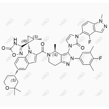 奧格列龍雜質(zhì)4,-((1R,2S)-1-(5-((S)-2,2-dimethyltetrahydro-2H-pyran-4-yl)-2-((S)-3-(3-(4-fluoro-1-methyl-1H-indazol-5-yl)-2-oxo-2,3-dihydro-1H-imidazol-1-yl)-2-(4-fluoro-3,5-dimethylphenyl)-4-methyl-4,5,6,7-tetrahydro-2H-pyrazolo[4,3-c]pyridine-5-carbonyl)-1H-indol-1-yl)-2-methylcyclopropyl)-1,2,4-oxadiazol-5(4H)-one