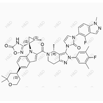 奧格列龍雜質(zhì)5,3-((1S,2S)-1-(5-((S)-2,2-dimethyltetrahydro-2H-pyran-4-yl)-2-((R)-3-(3-(4-fluoro-1-methyl-1H-indazol-5-yl)-2-oxo-2,3-dihydro-1H-imidazol-1-yl)-2-(4-fluoro-3,5-dimethylphenyl)-4-methyl-4,5,6,7-tetrahydro-2H-pyrazolo[4,3-c]pyridine-5-carbonyl)-1H-indol-1-yl)-2-methylcyclopropyl)-1,2,4-oxadiazol-5(4H)-one