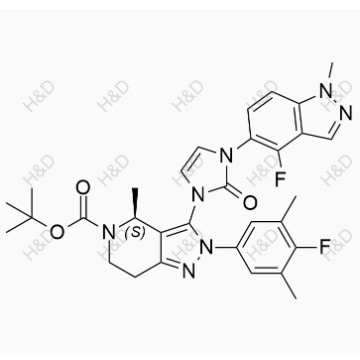 奧格列龍雜質(zhì)11,(S)-tert-butyl 3-(3-(4-fluoro-1-methyl-1H-indazol-5-yl)-2-oxo-2,3-dihydro-1H-imidazol-1-yl)-2-(4-fluoro-3,5-dimethylphenyl)-4-methyl-6,7-dihydro-2H-pyrazolo[4,3-c]pyridine-5(4H)-carboxylate