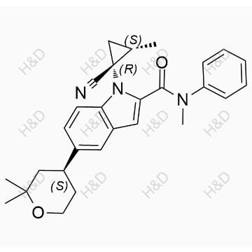 奧格列龍雜質(zhì)13,1-((1R,2S)-1-cyano-2-methylcyclopropyl)-5-((S)-2,2-dimethyltetrahydro-2H-pyran-4-yl)-N-methyl-N-phenyl-1H-indole-2-carboxamide