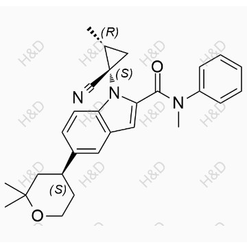 奧格列龍雜質(zhì)15,1-((1S,2R)-1-cyano-2-methylcyclopropyl)-5-((S)-2,2-dimethyltetrahydro-2H-pyran-4-yl)-N-methyl-N-phenyl-1H-indole-2-carboxamide