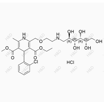 氨氯地平雜質(zhì)56(鹽酸鹽),3-ethyl 5-methyl 4-(2-chlorophenyl)-6-methyl-2-((2-(((2R,3R,4R,5S)-2,3,4,5,6-pentahydroxyhexyl)amino)ethoxy)methyl)-1,4-dihydropyridine-3,5-dicarboxylate