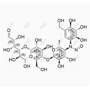 N-亞硝基阿卡波糖,N-((2R,3S,4S,5R,6R)-6-(((2R,3S,4R,5R,6R)-4,5-dihydroxy-2-(hydroxymethyl)-6-(((2R,3R,4R,5R)-1,2,4,5-tetrahydroxy-6-oxohexan-3-yl)oxy)tetrahydro-2H-pyran-3-yl)oxy)-4,5-dihydroxy-2-methyltetrahydro-2H-pyran-3-yl)-N-((1S,4R,5S,6S)-4,5,6-trihydroxy-3-(hydroxymethyl)cyclohex-2-en-1-yl)nitrous amide