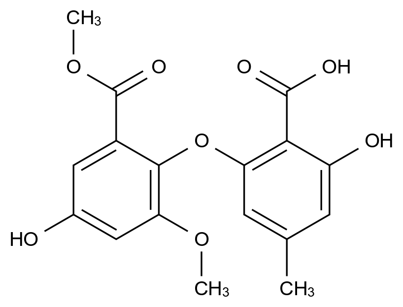 577-64-0
Asterric acid
Benzoic acid, 2-(2-carboxy-3-hydroxy-5-methylphenoxy)-5-hydroxy-3-methoxy-, 1-methyl ester