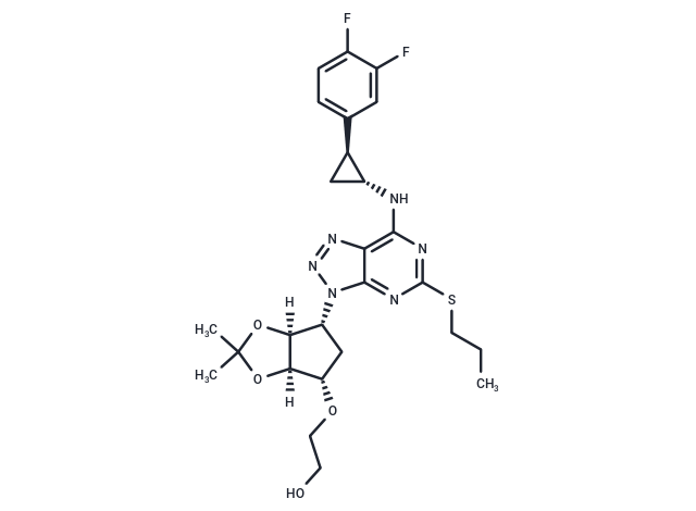 化合物 2-(((3aR,4S,6R,6aS)-6-(7-(((1R,2S)-2-(3,4-Difluorophenyl)cyclopropyl)amino)-5-(propylthio)-3H-[1,2,3]triazolo[4,5-d]pyrimidin-3-yl)-2,2-dimethyltetrahydro-3aH-cyclopenta[d][1,3]dioxol-4-yl)oxy)ethanol,2-(((3aR,4S,6R,6aS)-6-(7-(((1R,2S)-2-(3,4-Difluorophenyl)cyclopropyl)amino)-5-(propylthio)-3H-[1,2,3]triazolo[4,5-d]pyrimidin-3-yl)-2,2-dimethyltetrahydro-3aH-cyclopenta[d][1,3]dioxol-4-yl)oxy)ethanol