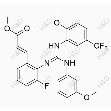 來特莫韋雜質(zhì)33,(2E)-methyl 3-(3-fluoro-2-((((2-methoxy-5-(trifluoromethyl)phenyl)amino)((3-methoxyphenyl)amino)methylene)amino)phenyl)acrylate