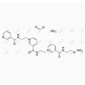 尼可地爾雜質(zhì)1(甲酸鹽硝酸鹽）,1-(2-(nicotinamido)ethyl)-3-((2-(3-((2-(nitrooxy)ethyl)carbamoyl)pyridin-1-ium-1-yl)ethyl)carbamoyl)pyridin-1-ium formate nitrate