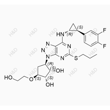 替格瑞洛,(1S,2S,3R,5S)-3-(7-(((1R,2S)-2-(3,4-difluorophenyl)cyclopropyl)amino)-5-(propylthio)-3H-[1,2,3]triazolo[4,5-d]pyrimidin-3-yl)-5-(2-hydroxyethoxy)cyclopentane-1,2-diol