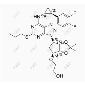 替格瑞洛雜質(zhì)D,2-(((3aR,4S,6R,6aS)-6-(7-(((1R,2S)-2-(3,4-difluorophenyl)cyclopropyl)amino)-5-(propylthio)-3H-[1,2,3]triazolo[4,5-d]pyrimidin-3-yl)-2,2-dimethyltetrahydro-3aH-cyclopenta[d][1,3]dioxol-4-yl)oxy)ethanol