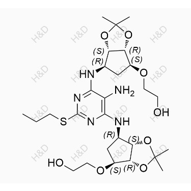 替格瑞洛雜質(zhì)56,2,2'-(((3aR,3a'R,4S,4'S,6R,6aS,6'R,6a'S)-((5-amino-2-(propylthio)pyrimidine-4,6-diyl)bis(azanediyl))bis(2,2-dimethyltetrahydro-4H-cyclopenta[d][1,3]dioxole-6,4-diyl))bis(oxy))bis(ethan-1-ol)