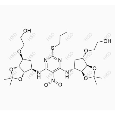 替格瑞洛雜質57,2,2'-(((3aR,3a'R,4S,4'S,6R,6aS,6'R,6a'S)-6,6'-((5-nitro-2-(propylthio)pyrimidine-4,6-diyl)bis(azanediyl))bis(2,2-dimethyltetrahydro-3aH-cyclopenta[d][1,3]dioxole-6,4-diyl))bis(oxy))diethanol