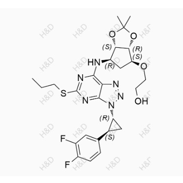 替格瑞洛雜質134,2-(((3aR,4S,6R,6aS)-6-((3-((1R,2S)-2-(3,4-difluorophenyl)cyclopropyl)-5-(propylthio)-3H-[1,2,3]triazolo[4,5-d]pyrimidin-7-yl)amino)-2,2-dimethyltetrahydro-3aH-cyclopenta[d][1,3]dioxol-4-yl)oxy)ethanol