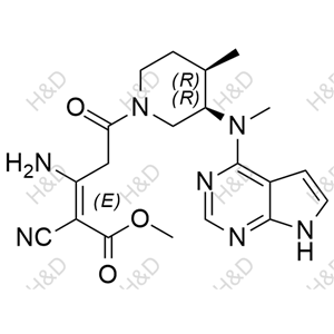 托法替尼雜質(zhì)108,(E)-methyl 3-amino-2-cyano-5-((3R,4R)-4-methyl-3-(methyl(7H-pyrrolo[2,3-d]pyrimidin-4-yl)amino)piperidin-1-yl)-5-oxopent-2-enoate