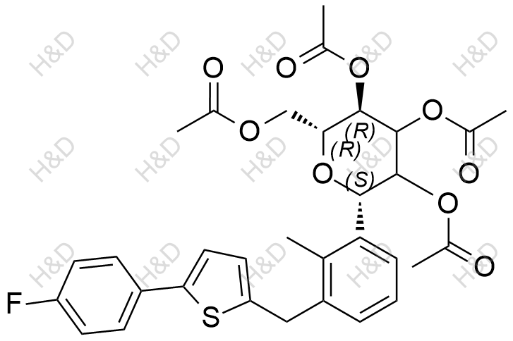 卡格列凈雜質(zhì)9,(2R,3R,6S)-2-(acetoxymethyl)-6-(3-((5-(4-fluorophenyl)thiophen-2-yl)methyl)-2-methylphenyl)tetrahydro-2H-pyran-3,4,5-triyl triacetate