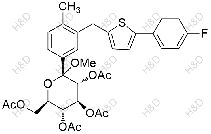 卡格列凈雜質(zhì)16,(2S,3R,4S,5R,6R)-6-(acetoxymethyl)-2-(3-((5-(4-fluorophenyl)thiophen-2-yl)methyl)-4-methylphenyl)-2-methoxytetrahydro-2H-pyran-3,4,5-triyl triacetate